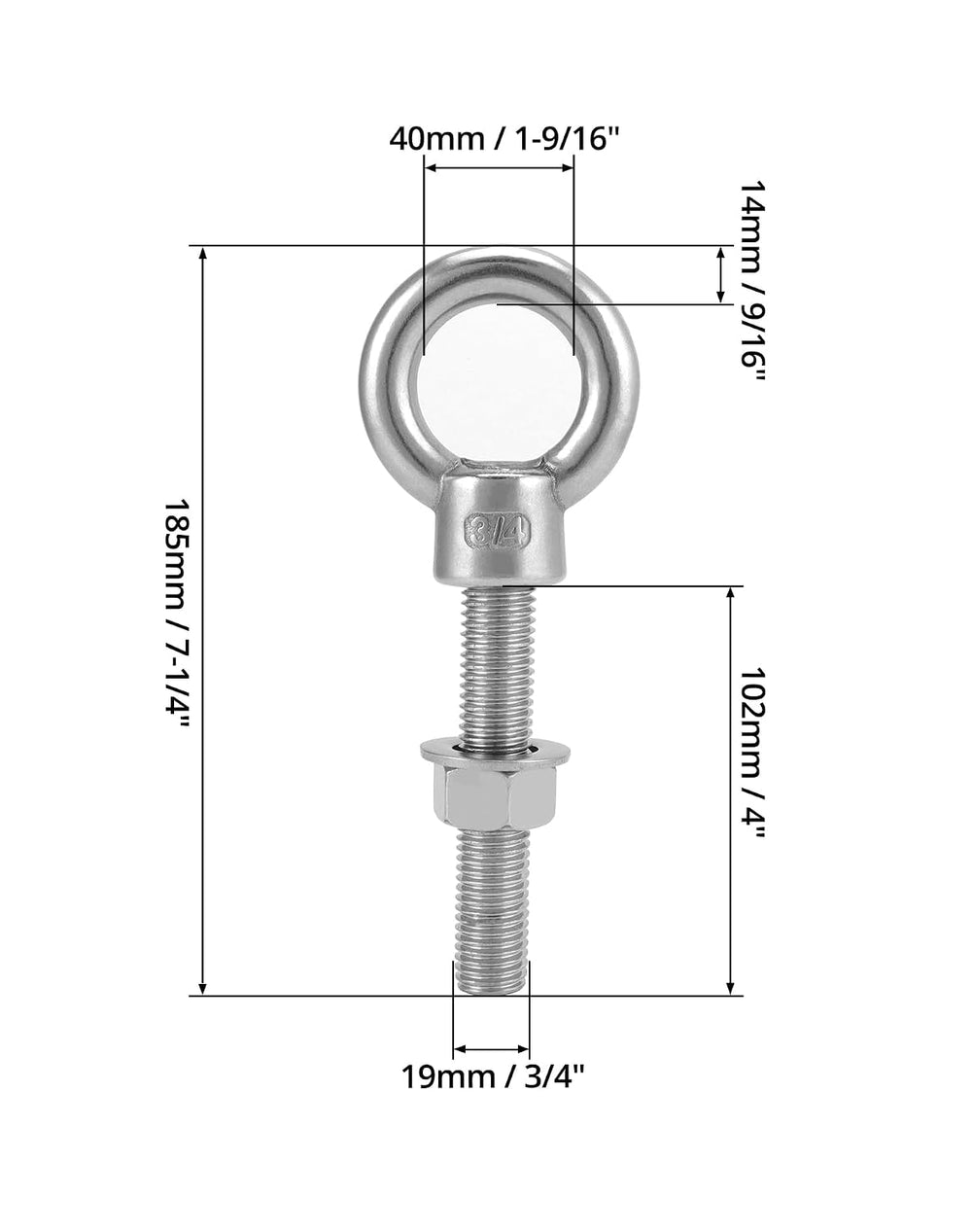 QWORK Stainless Steel Shoulder Eye Bolts 3/4"-10 x 4, 5 Pack – for Lifti...