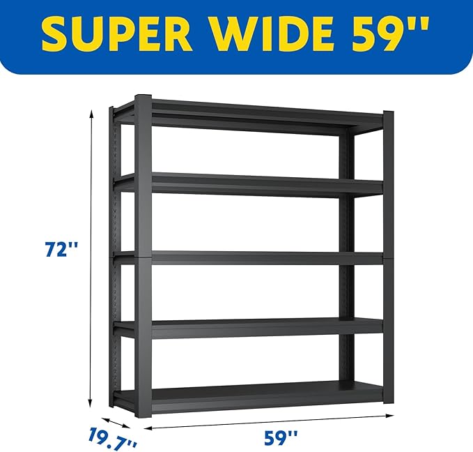 72''H Garage Shelving Heavy Duty, 2800LBS Storage Shelves, 5-Tier Adj...