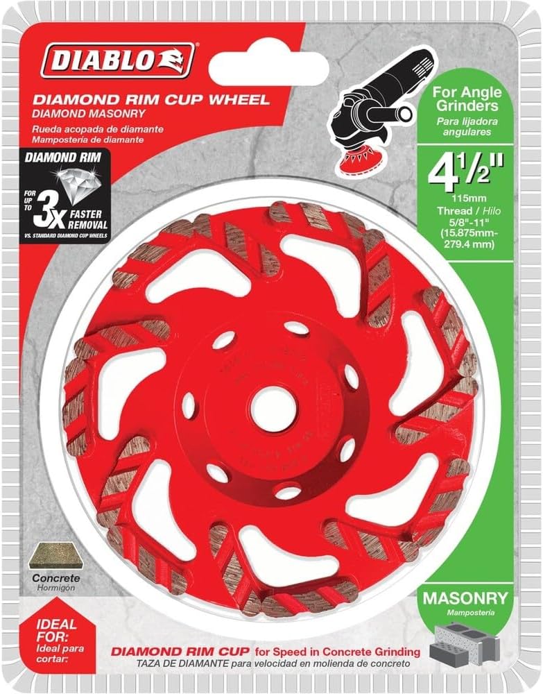 Diablo Diamond Rim Cup Wheel - 4-1/2" Dia, 5/8"-11 Arbor, Max 13,28...