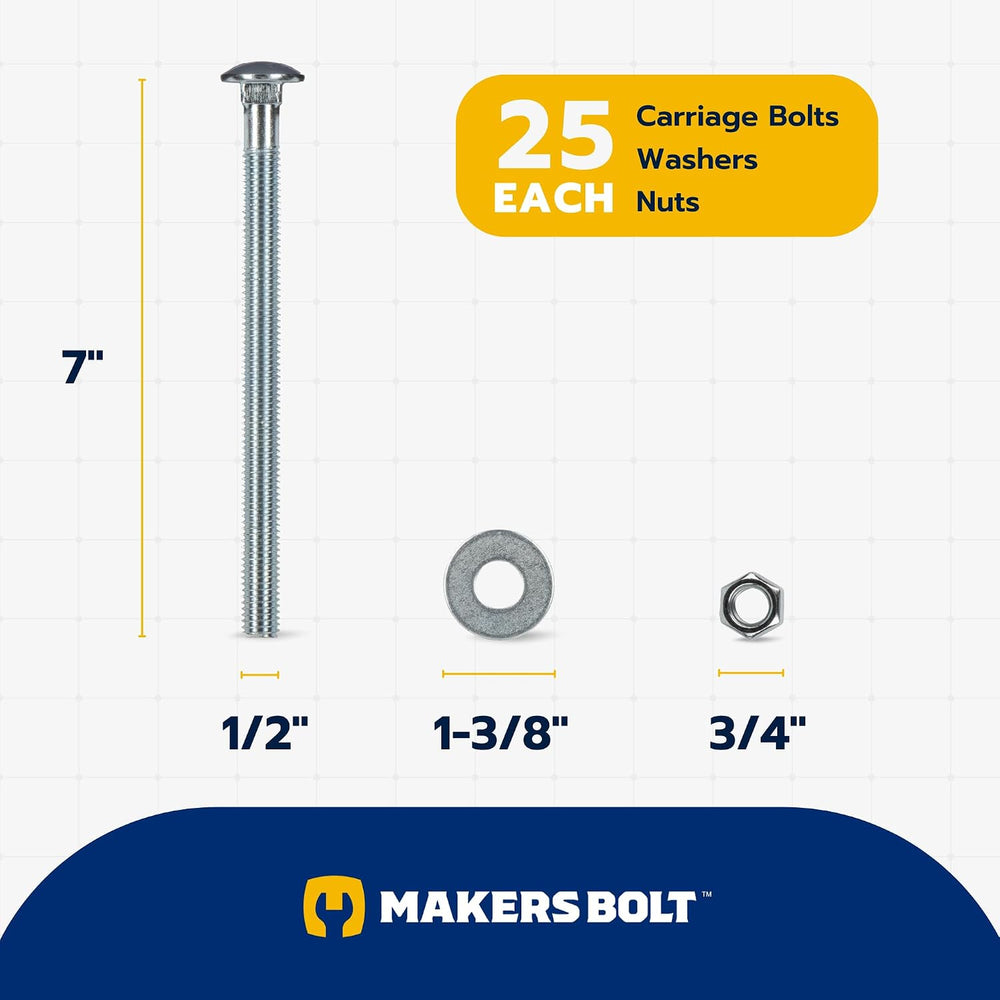 1/2" x 7" (25 Pack) Zinc Carriage Bolt Kit, Grade 307A by Makers Bolt