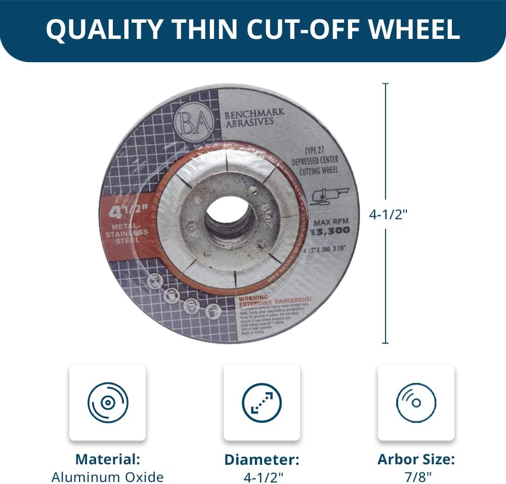 Benchmark Abrasives Grinder Cut Off Wheels 4 1/2 Inch Aluminum Oxide Depresse...