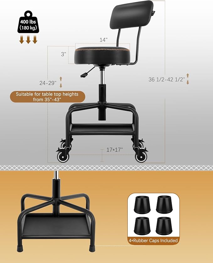 Shop Stool with Lockable Rubber Wheels Adjustable Backrest Tool Tray Storage