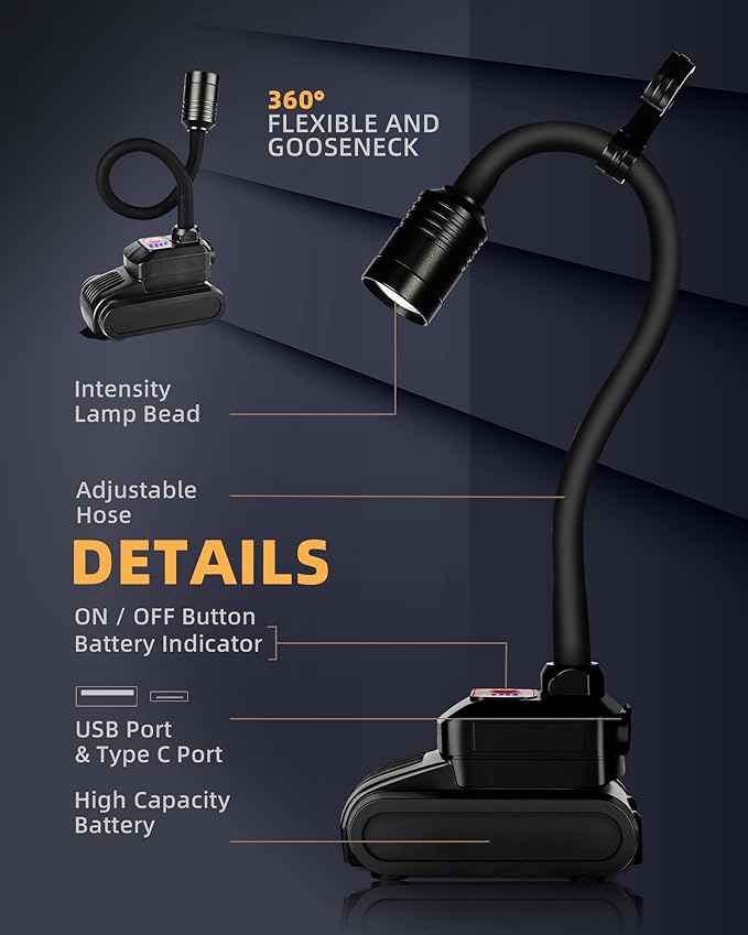 LED Work Light, 5000mAh Magnetic Gooseneck Light Rechargeable, 2000 Lumen