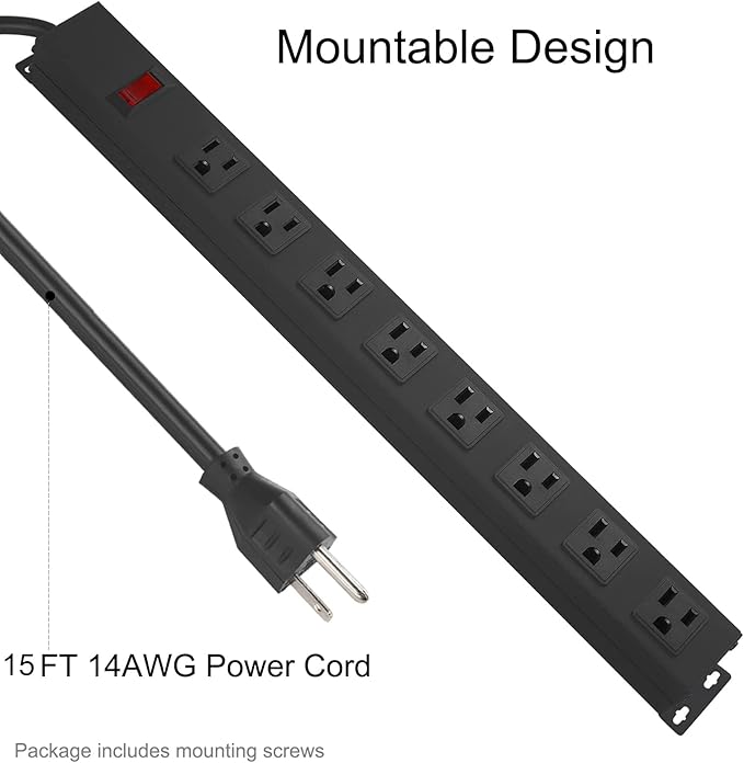 Metal 8 Outlet Mountable Power Strip, Wall Mount Outlet Heavy Duty, Wide Spaced