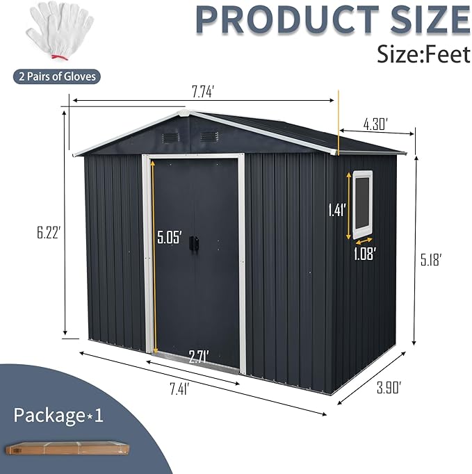 4x8 FT Outdoor Storage Shed, Metal Garden Shed