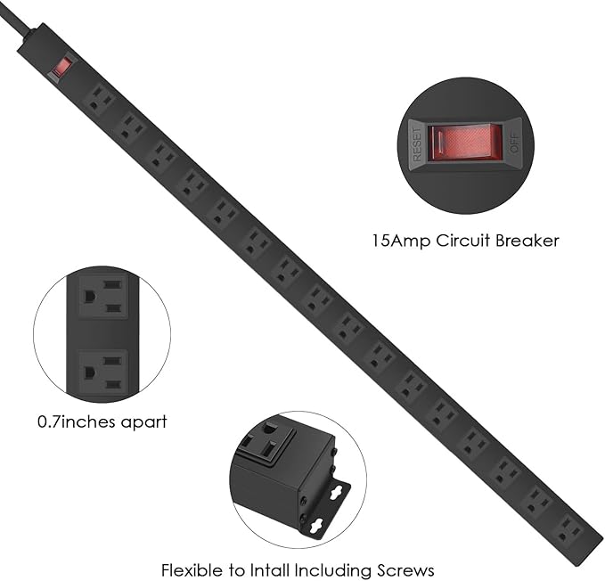 HHSOET 16-Outlet Metal Wall Mount Power Strip, 15 ft 14AWG Power Cord, 15A 125V