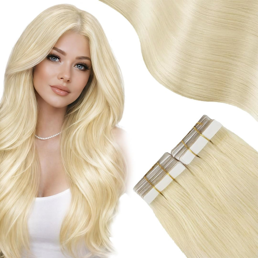 Moresoo Bleach Blonde Invisible Tape Hair Extensions, 24 Inch, 20Pcs, 50g