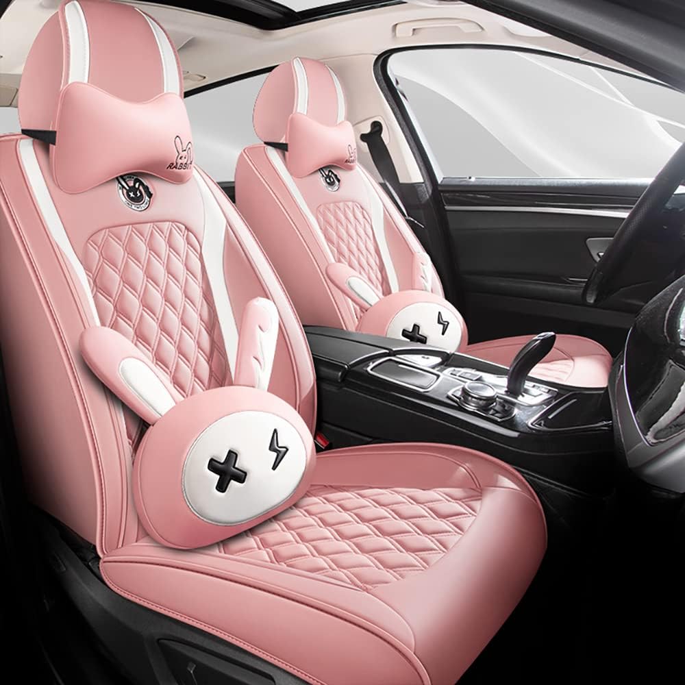 Cute Bunny Seat Cover 5 Set with Waterproof PU Leather for Cars SUV Pick-up T...
