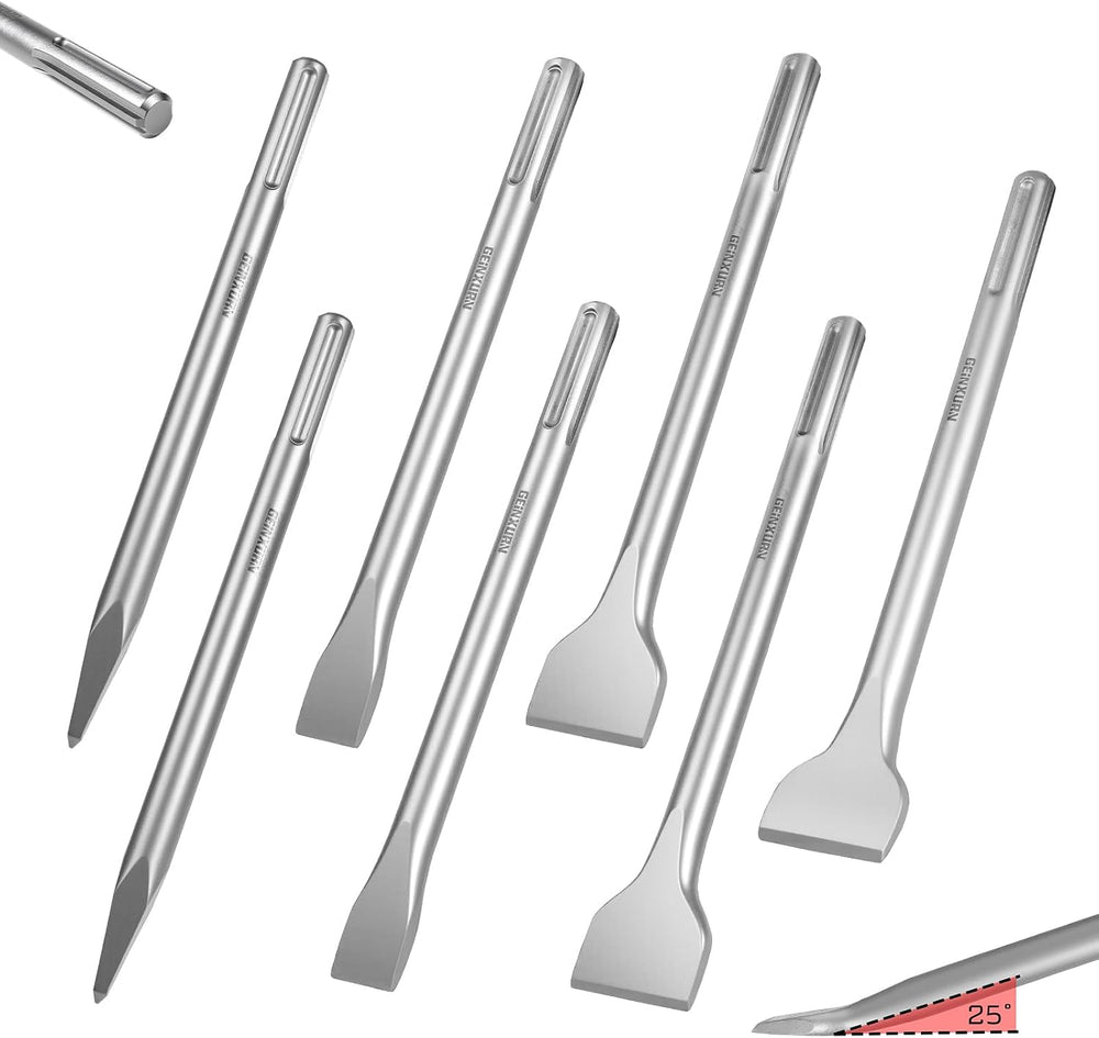 GEINXURN SDS MAX Chisels, 7PCS 12-Inch Long Masonry Chisel Bit Set, 40Cr Stee...
