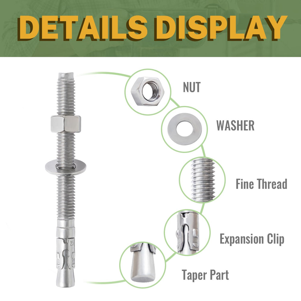 LIONMAX 12Pcs 1/2" x 5-1/2" Stainless Steel Concrete Anchors, Wedge...