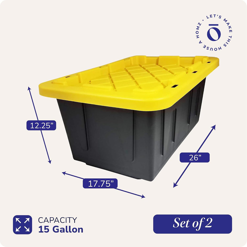 HOMZ Durabilt Plastic Storage Bins with Lids, 15 Gal, Black/Yellow, 2 Pack