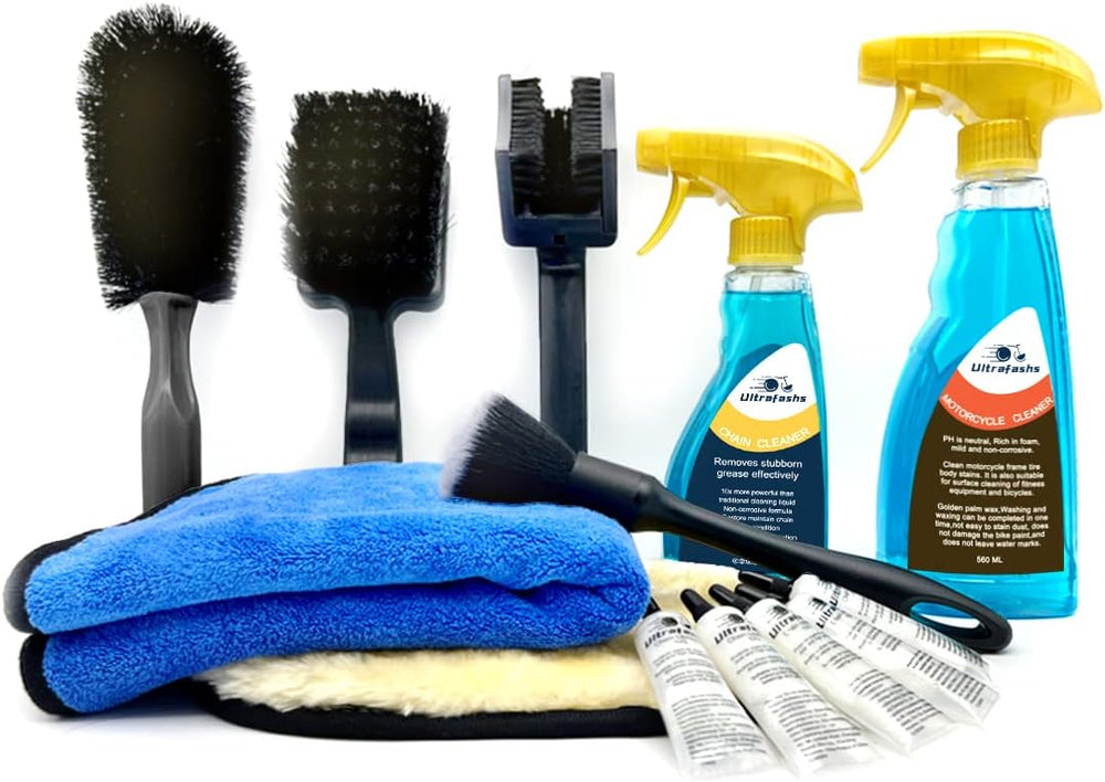 Motorcycle Cleaning Kit, 10-Piece Wash & Chain Care Set with 19 oz Cleane...