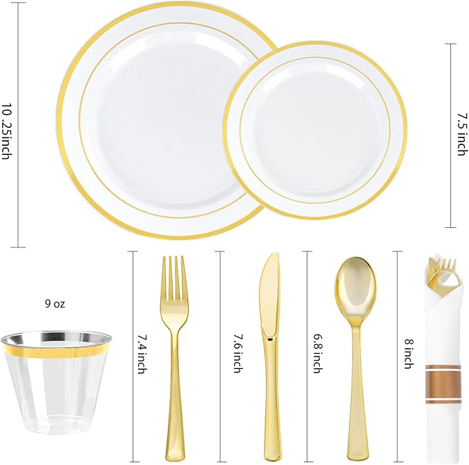 BESTVIP 700PCS Gold Plastic Dinnerware Set for 100 Guests, Disposable Plates ...