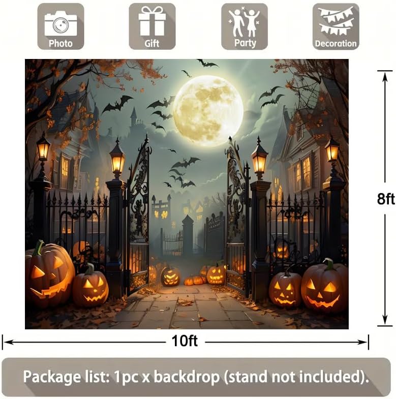 10x8ft Halloween Backdrop for Halloween Party Decorations Scary Full Moon Nig...