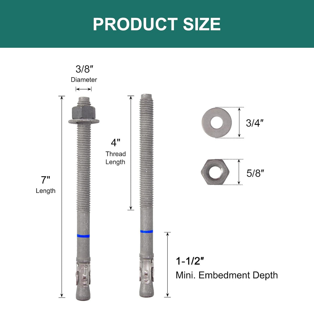 3/8" x 7" Concrete Anchors (50 Pack) Wedge Anchors Bolts, Hot Dip G...