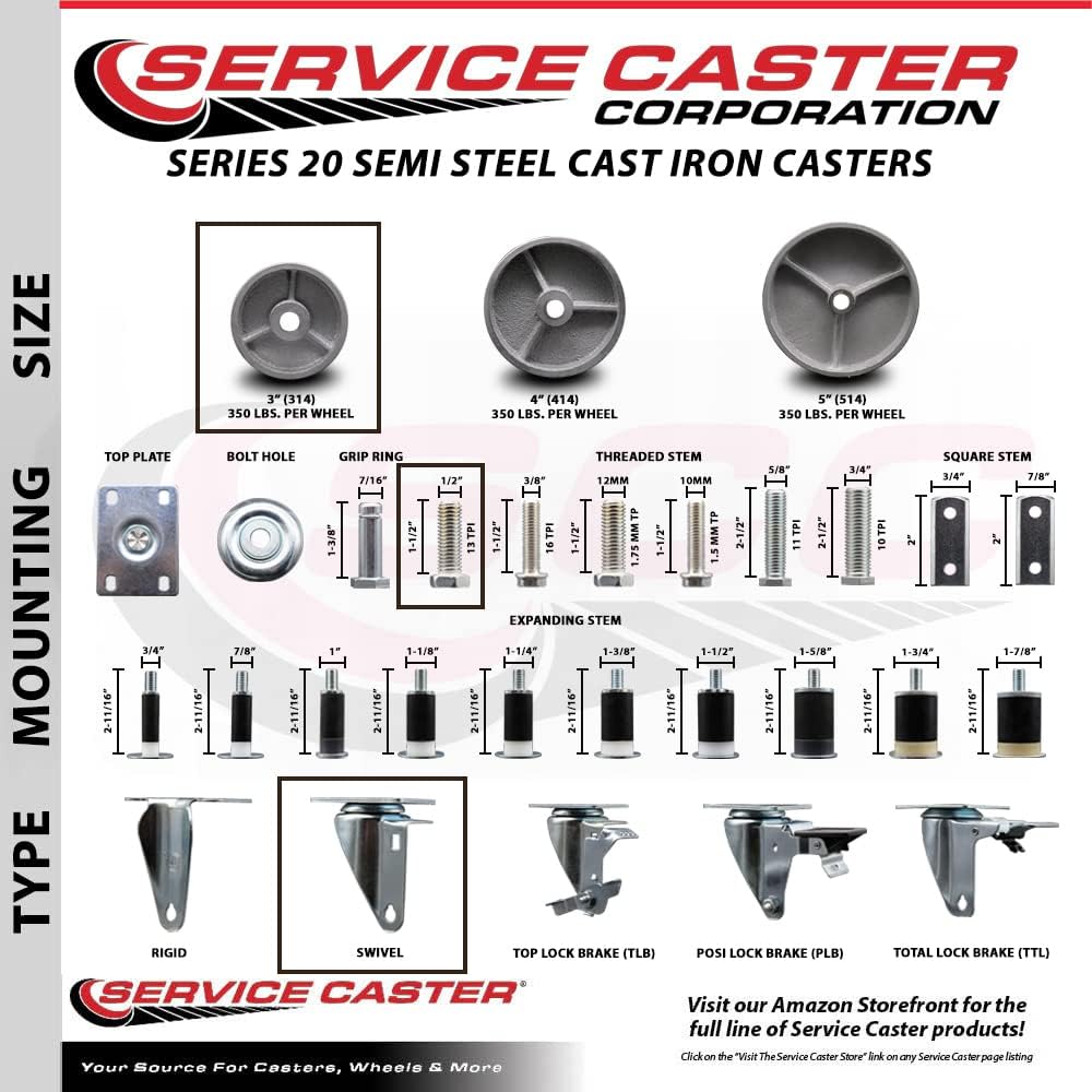 Service Caster Semi Steel Cast Iron Swivel Threaded Stem Caster Set of 4 w/3i...