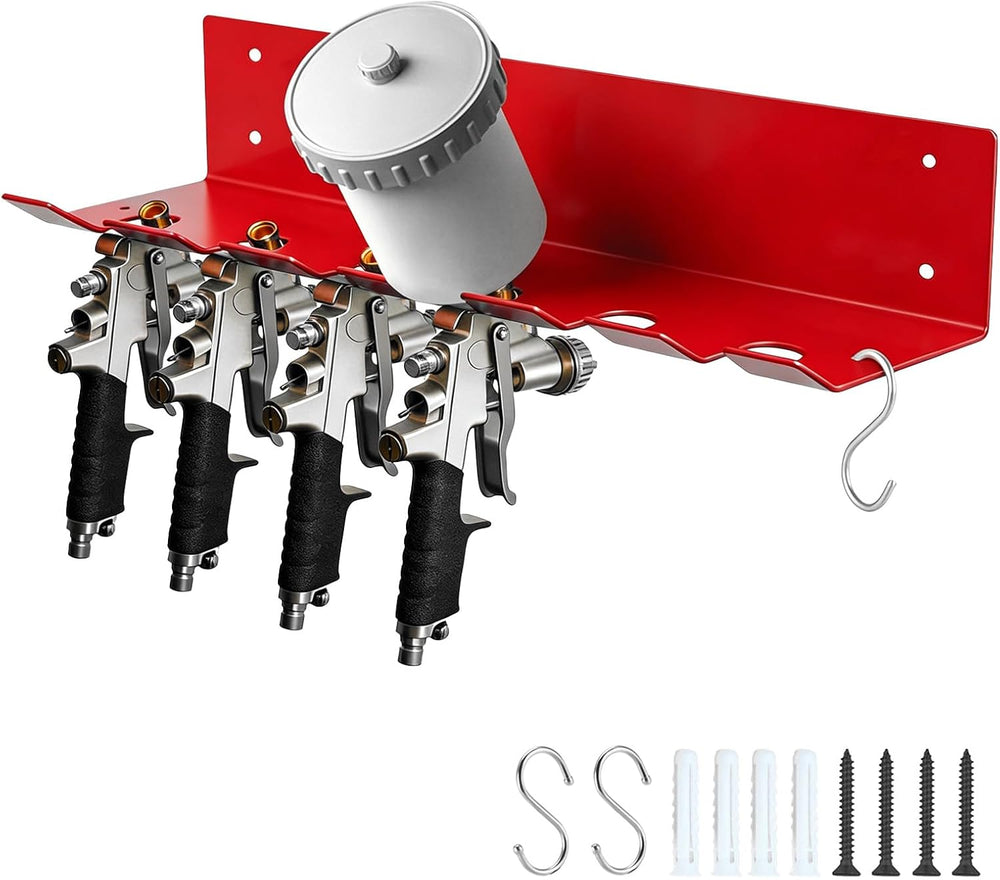 Wall Mount Spray Gun Holder with Extra 2 Storage Hooks, Red