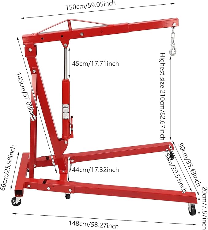 2 Ton Engine Hoist, Folding Hydraulic Engine Crane Red, Heavy Duty Cherry