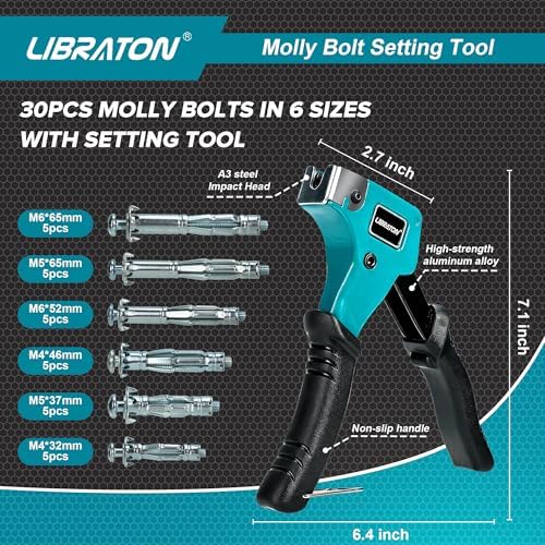 LIBRATON Molly Bolts for Drywall & Plaster Wall (0.12"-1.52"), ...