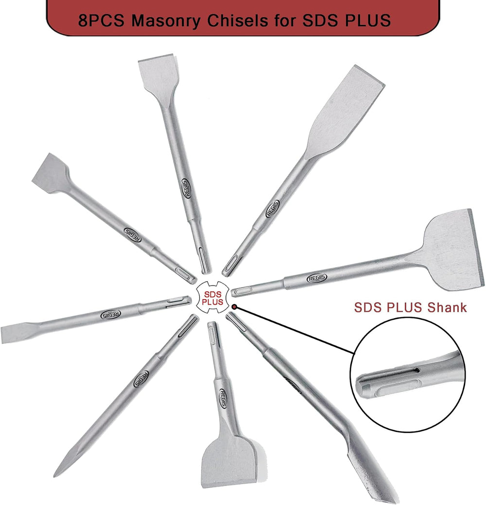 8 pcs SDS Plus Chisel Set, Masonry Concrete Drill Bit Set, Tile Removal Chise...