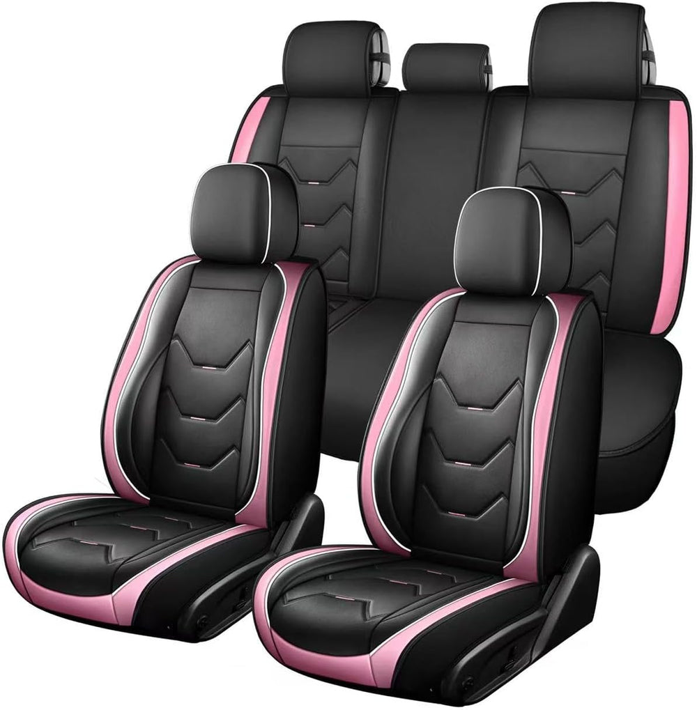 otoez Leather Seat Covers Full Set for Cars, Universal Fit, Black & Pink