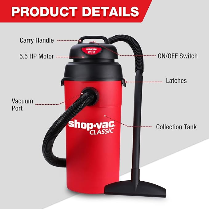 Shop-Vac 5 Gallon 5.5 Peak HP Wet/Dry Vacuum, Wall Mountable Compact Shop Vacuum