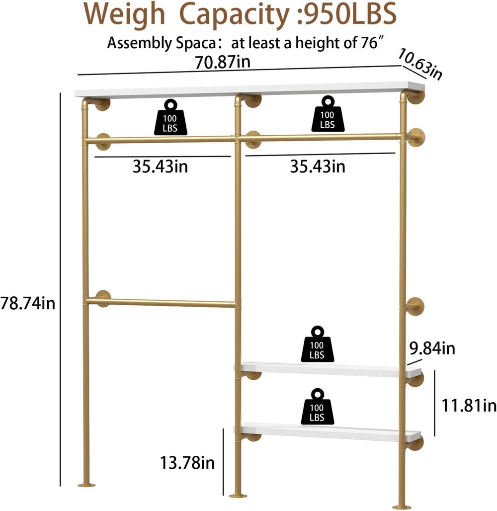 HOMEKAYT Industrial Pipe Clothes Rack with Shelves, Gold Clothing Rack Wall M...