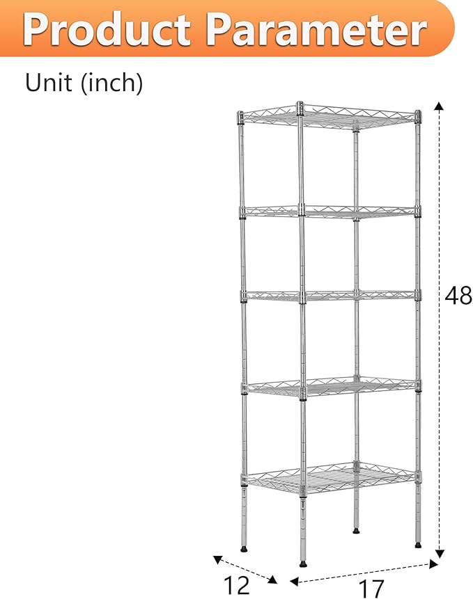 BestOffice 5 Tier Garage Shelving Heavy Duty Metal Shelves 17”D x 12”W x 48”H