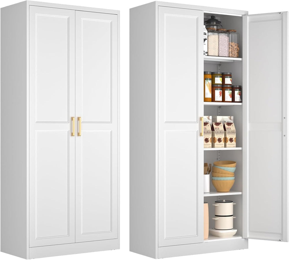 Polup 71" White Metal Kitchen Pantry Storage Cabinet with Doors and Shelves