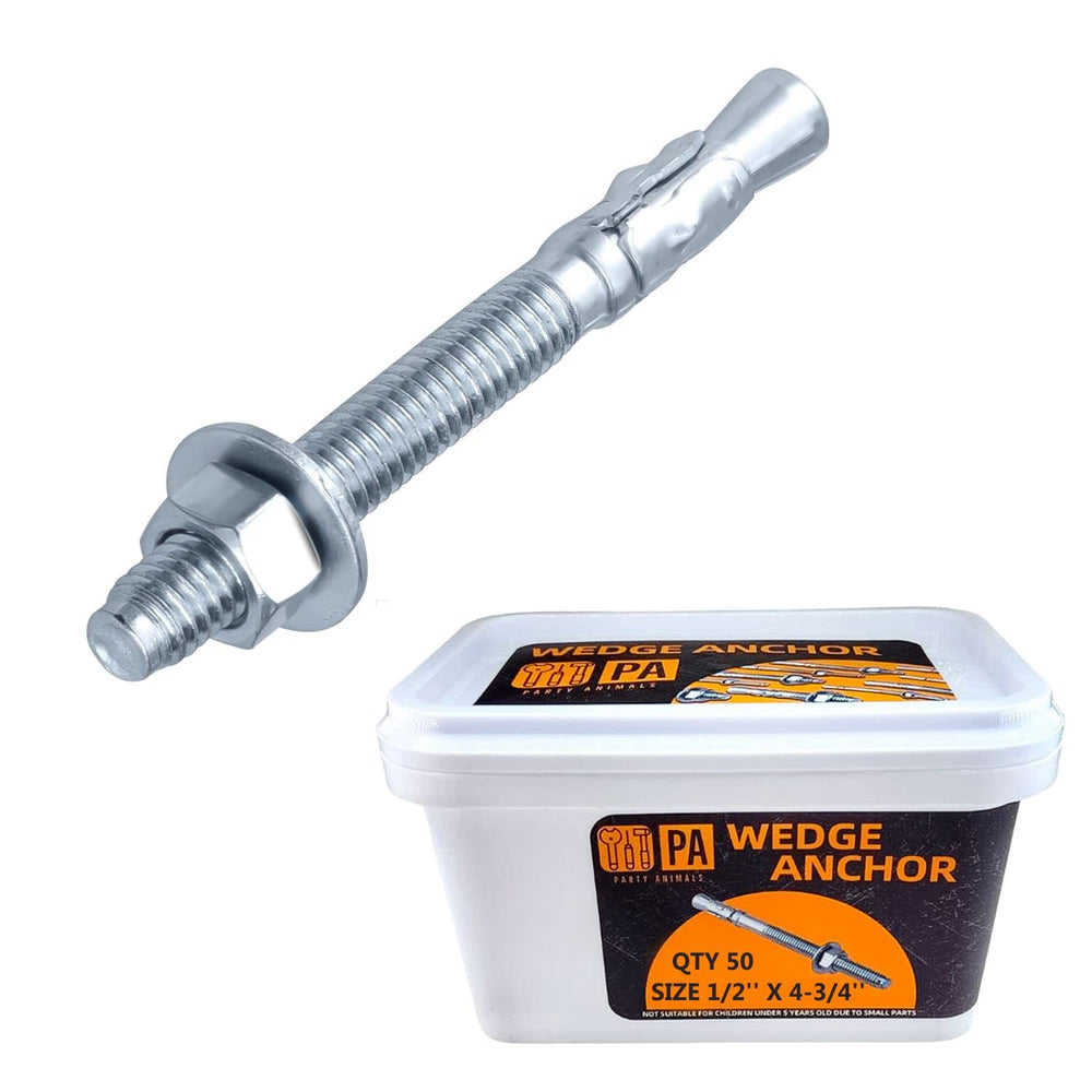 Party Animals 1/2 x 4-3/4 Inch Wedge Anchor, 50 PCs Zinc-Plated Industrial An...