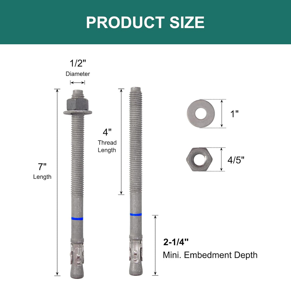 1/2" x 7" Concrete Anchors (20 Pack) Wedge Anchors Bolts, Hot Dip G...
