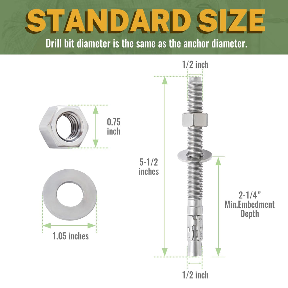 LIONMAX 12Pcs 1/2" x 5-1/2" Stainless Steel Concrete Anchors, Wedge...