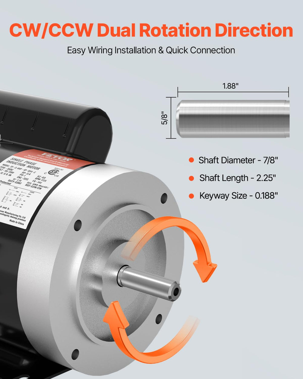 VEVOR 3/4HP Electric Motor 1725 RPM, AC 115V/230V, 56C Frame, Air Compressor ...
