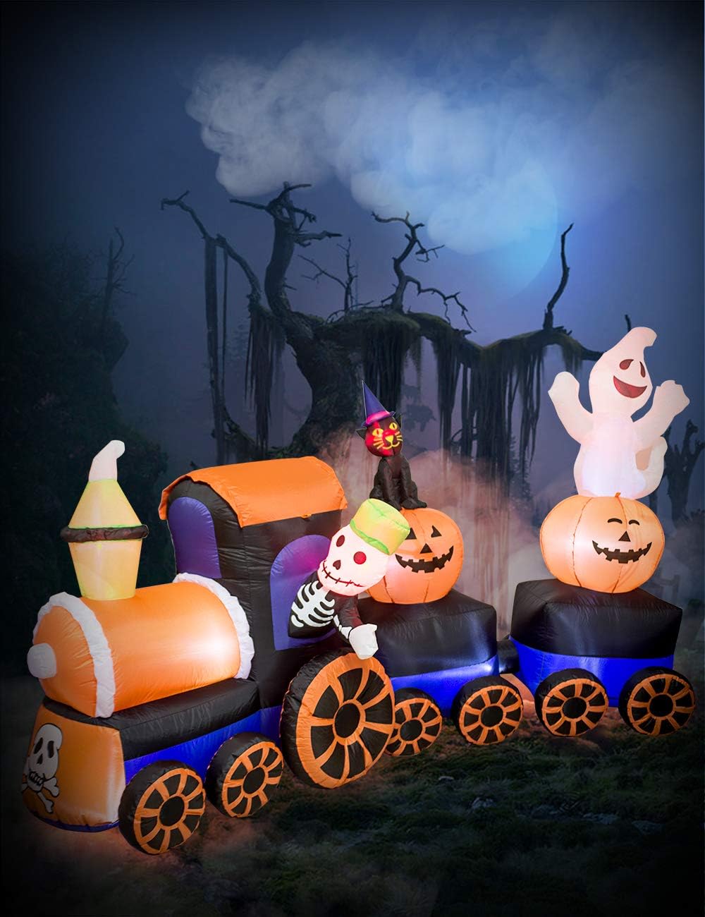 AJY 9 Feet Halloween Inflatable Train with Kittens White Ghosts/Pumpkin