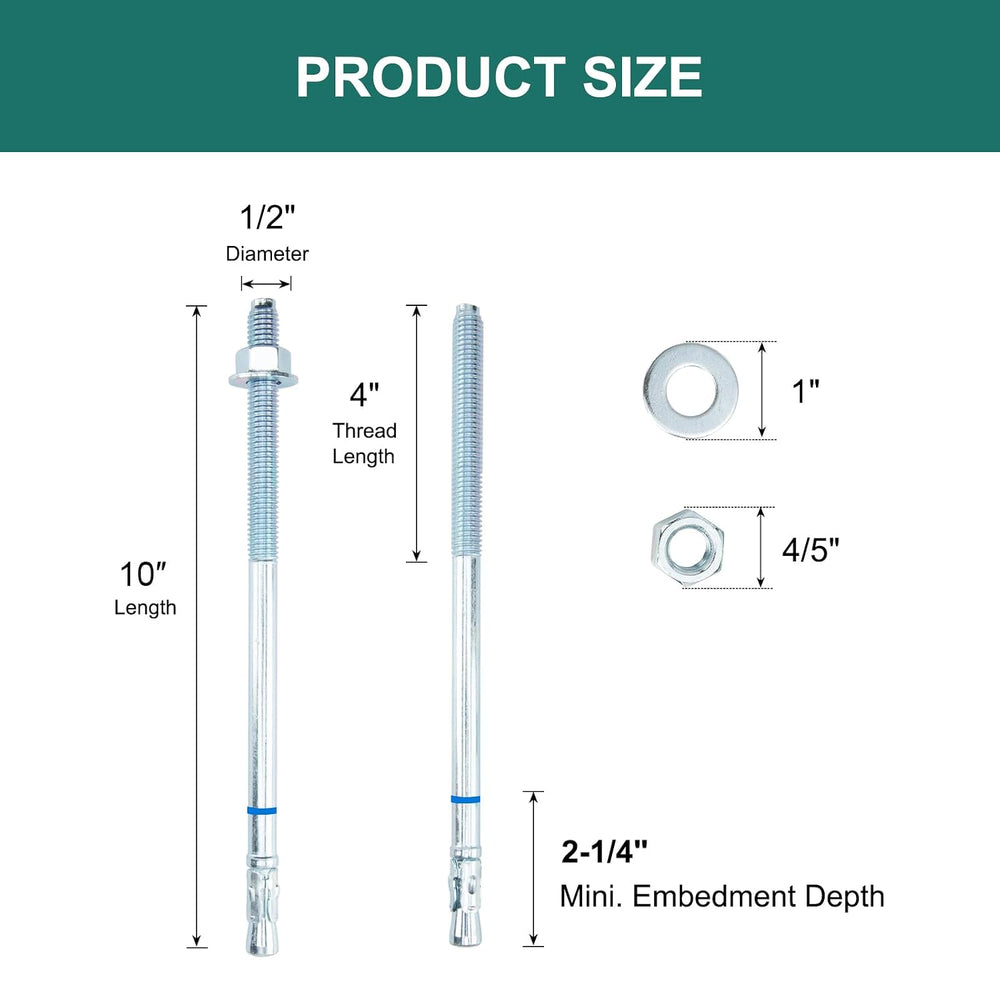 1/2" x 10" Concrete Anchors (12 Pack) 1/2 inch Wedge Anchors Bolts ...