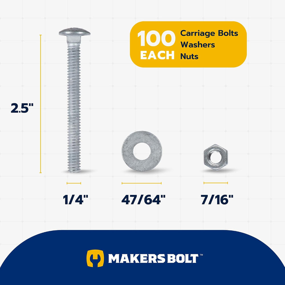 1/4" x 2-1/2" (100 Pack) Galvanized Carriage Bolt Kit Grade 307A In...