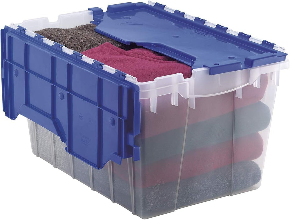Akro-Mils KeepBox 12 Gal Storage Box, Lid Attached, Stackable, Clear/Blue