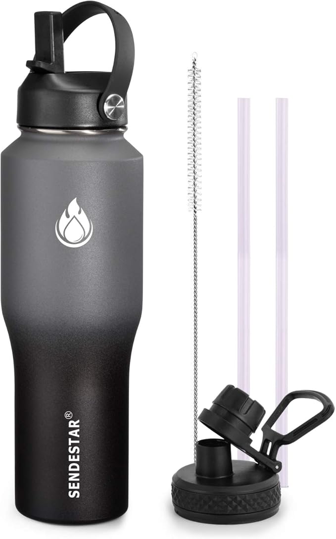 SENDESTAR Water Bottle 32oz, 2 Lids, Wide Mouth Stainless Steel Vacuum