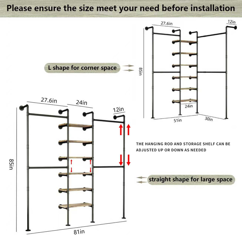 HKaikzo Wall Mounted Closet System 85" H×81" W, Industrial Pipe Clo...