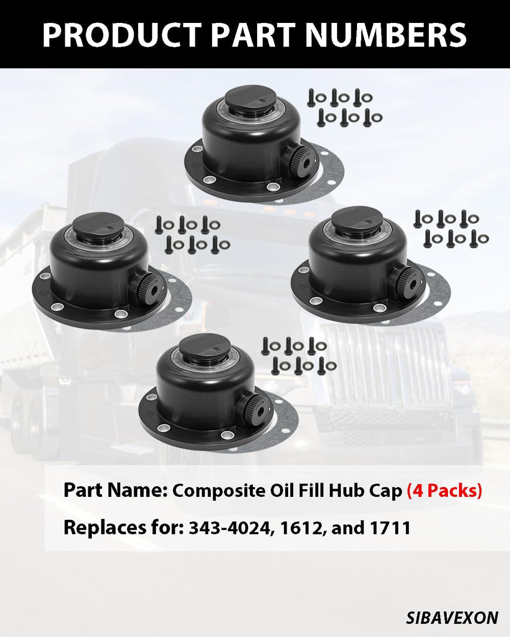 4 Pack Steer Axle Hub Caps, Black, 4.5 in, Replaces 343-4024 1612 1711 | Bolt...
