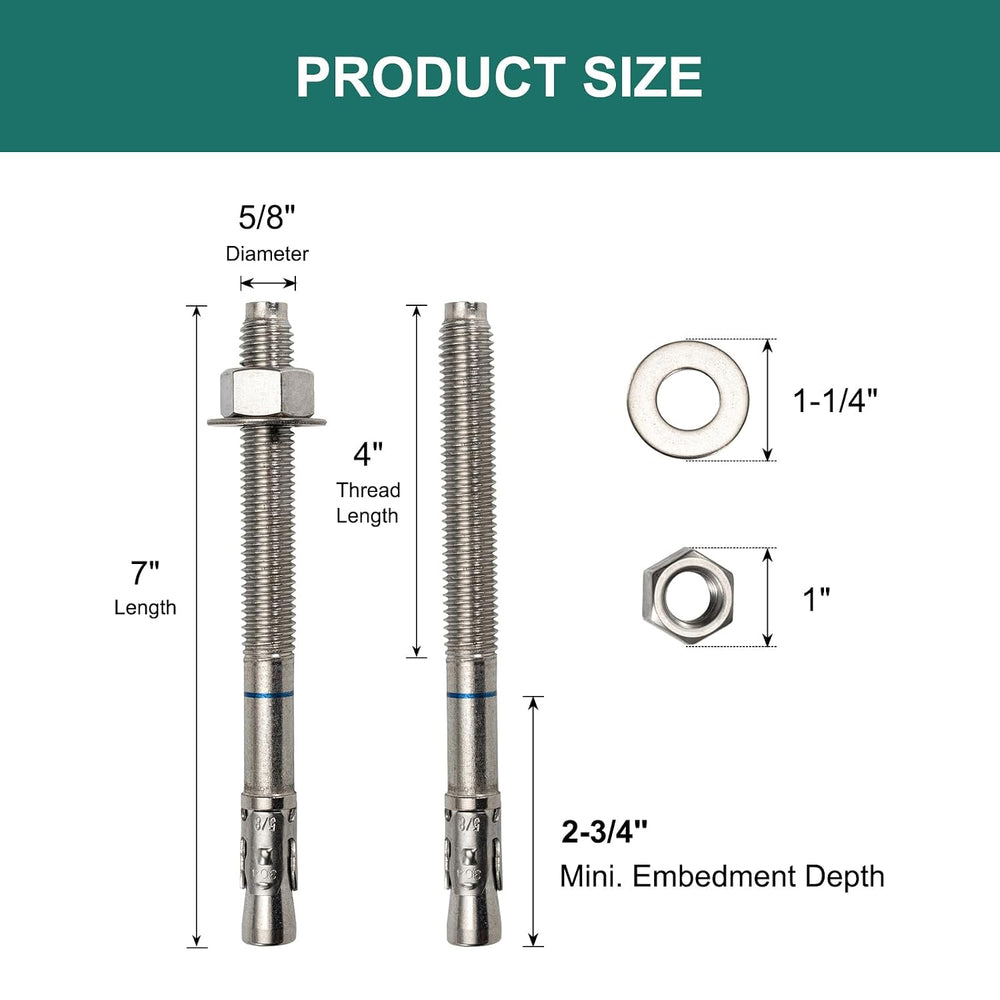 5/8" x 7" Concrete Anchors (12 Pack) 5/8 inch Wedge Anchors Bolts S...