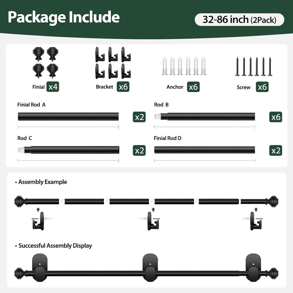 KAMANINA Curtain Rods 2 Pack No Drilling 32 to 86 Inches, Black