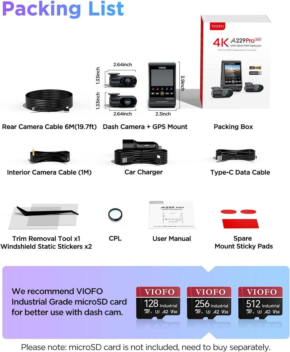 VIOFO A229 Pro 4K 3CH Dash Cam HDR for Front & Rear & Inside with STA...