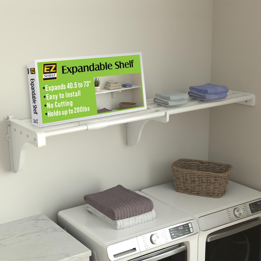 EZ Shelf-Expandable-Closet Shelf (NO Hanging Rod)- 29” - 49” -White- Easy Ins...