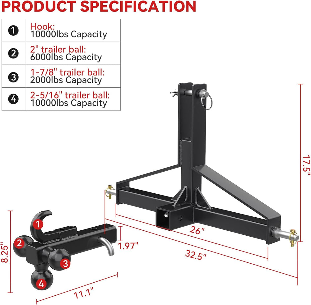 3 Point Trailer Hitch with 2' Receiver&Ball Hitch for Cat.1 Tractors ...