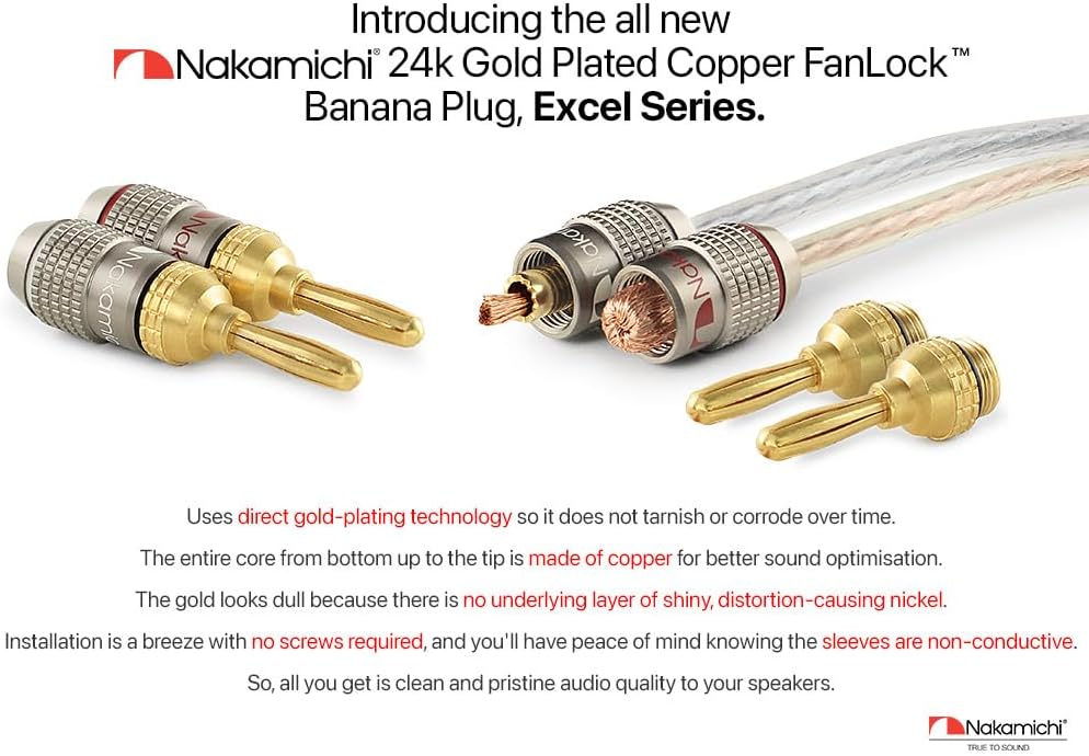 Nakamichi FanLock Excel Series 24k Gold Plated Banana Plugs, 10-18 AWG