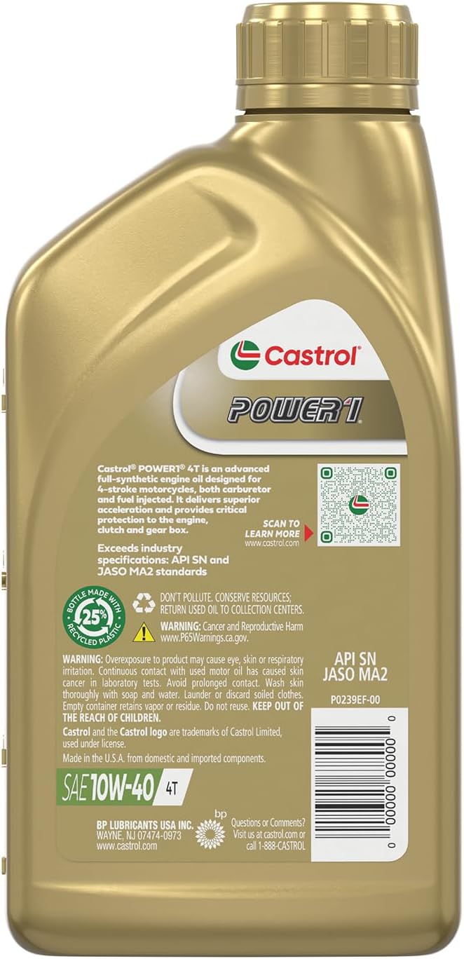 Castrol Power1 4T 10W-40 Full Synthetic Motorcycle Oil, 1 Quart (Pack of 6)