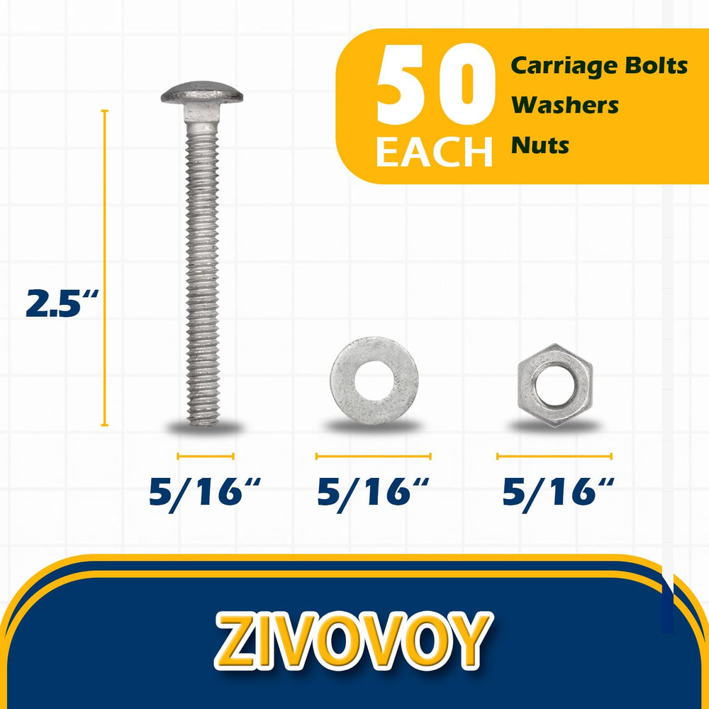 5/16" x 2-1/2"Hot Dip Galvanized Grade 307A Carriage Bolt Kit, 50 P...