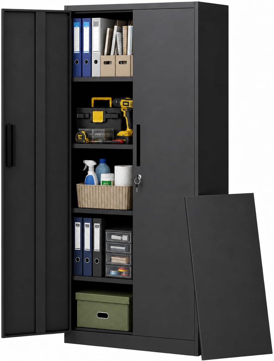 Metal Storage Cabinet with Lock, 71"H Garage Storage Cabinet, Black