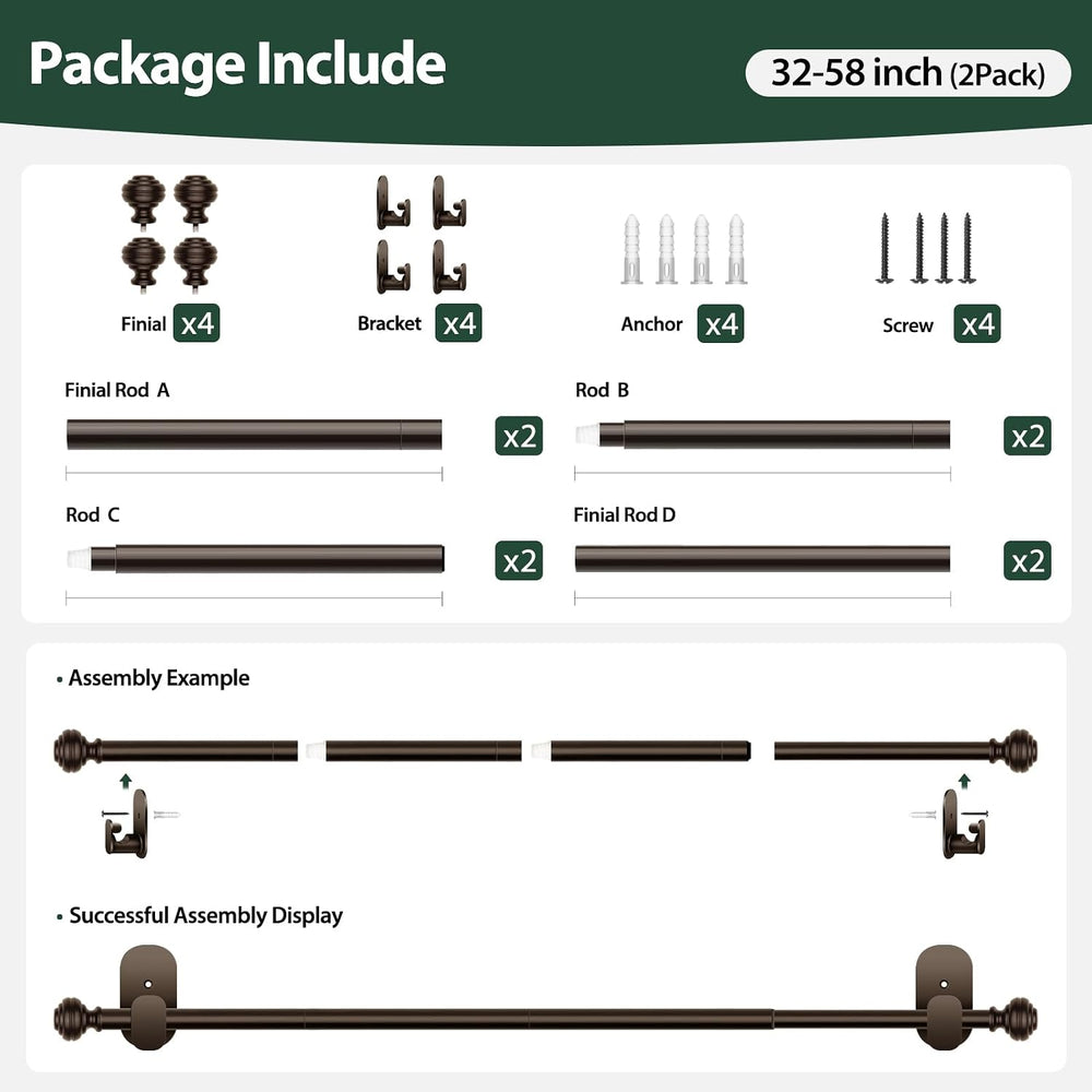 KAMANINA No Drill Curtain Rods 2 Pack 32-58", 3M Adhesive Brackets, Bronze